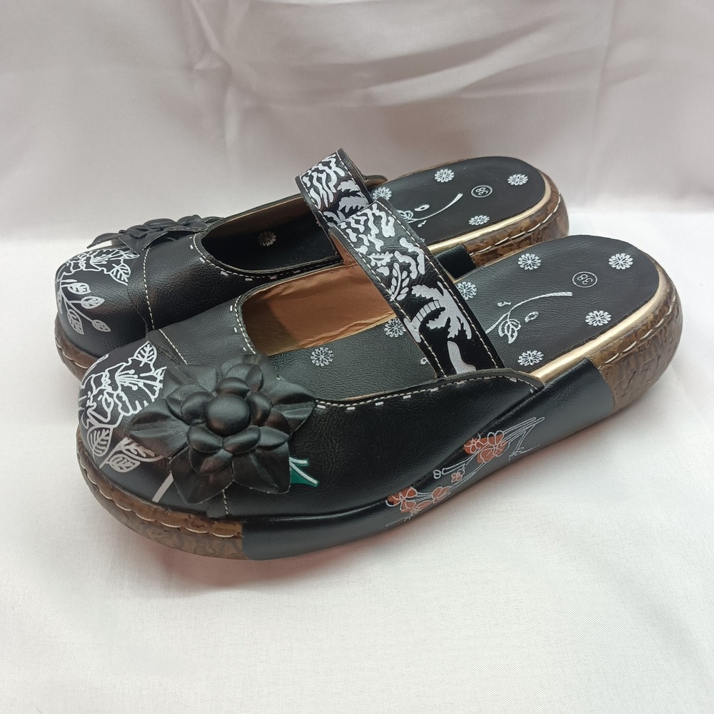 Floral Black Leather Clogs 3D Flower Mary Jane Strap Platform Mules Women 38/7.5